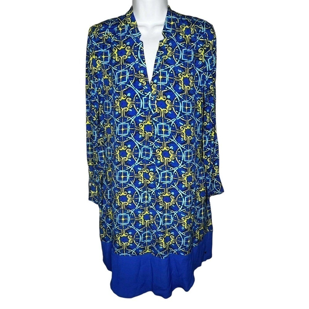 HATLEY Womens Sz M Shift Dress Lined V-Neck 100% Rayon Geo Print Blue Citron NEW